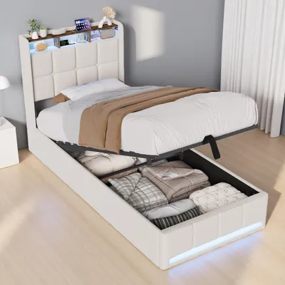 Zdjęcie produktu dla Łóżko tapicerowane ProximaX 90 x 200 cm, beżowa tkanina lniana, pneumatyczne łóżko z miejscem do przechowywania, oświetleniem LED i stacją ładującą USB