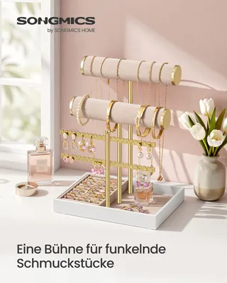 Produktbild von SONGMICS Schmuckständer mit abnehmbarem Ringhalter, Schmuck-Organizer, Tablett aus Plüsch, gold-beige