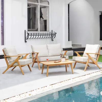 Produktbild von riess-ambiente Wetterfestes Gartenlounge-Set COMFORT LINE natur beige Akazie 4-teilig inkl. Tisch Holztisch Set Gartenset Loungeset Terrassenset