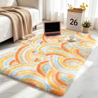 Obrázok produktu pre Koberec s vysokým vlasom 80x150 cm, dúhový vzor, prateľný, protišmykový, do detskej izby