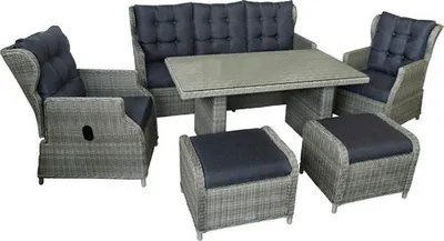 Produktbild von Dining-Set Gartenmöbelset Loungeset 5-Sitzer Dreisitzer-Sofa 180 x 88 x 98 cm, 2 Sessel, 2 Hocker, Tisch, inkl. Auflagen