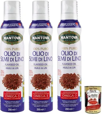 Produktbild von 3x Fratelli Mantova Olio Spray Semi di Lino Leinsamenöl,Leinölspray,Reich an Omega 3,Glutenfrei 200ml + Italian Gourmet Polpa di Pomodoro 400g Dose