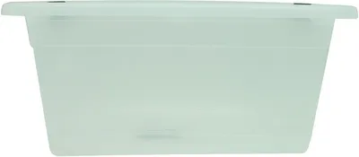 A side view of a translucent light blue storage box.