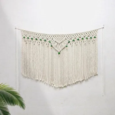 Produktbild von Großes boho Wandtuch mit Holzperlen, 100 x 65 cm, macramé, gewebt, Wohnzimmer, Schlafzimmer, Dekoration