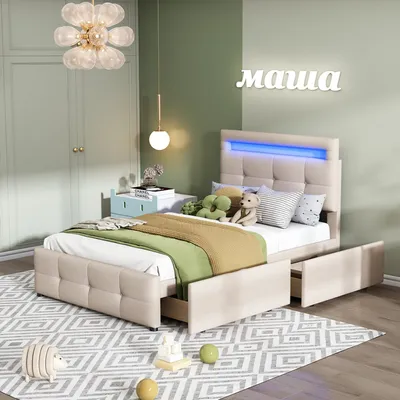 Obrázek produktu pro Čalouněná postel Sweiko, nastavitelné čelo s LED osvětlením, jednolůžko se 2 zásuvkami, povlečení, 90*200 cm