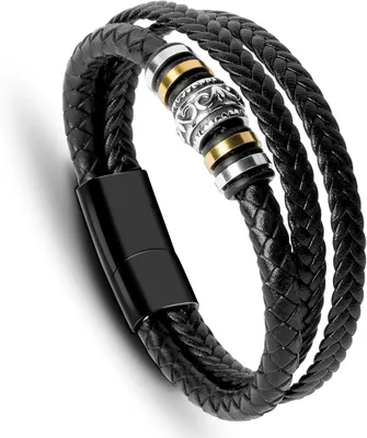 Produktbild von Herren Lederarmband Schwarz geflochten mit Magnetverschluss – Modernes Männer Armband robust, stilvoll für Alltag, Business & Geschenk; J0723