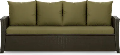 A front view of a brown rattan sofa with green cushions.