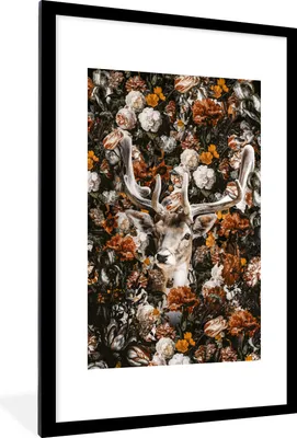 Produktbild von MuchoWow® MuchoWow® Gerahmtes Poster Hirsch - Orange - Geweih 60x90 cm - Poster mit zchwarzem Bilderrahmen - Dekoration - Wandposter Wohnzimmer - Hochwertig