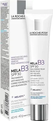 A product shot of a La Roche-Posay Mela B3 SPF 30 corrective cream tube and its packaging.
