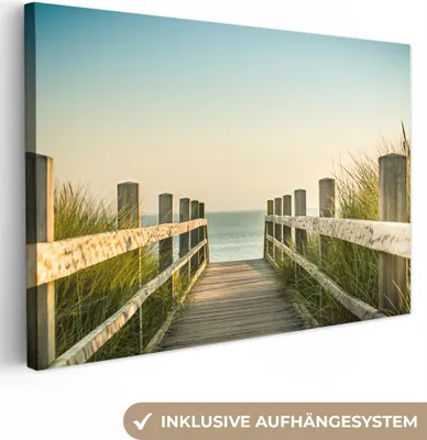 Produktbild von OneMillionCanvasses® - Leinwandbilder - 140x90 cm, Zaun - Weg - Meer, Wandbilder Kunstdruck Wanddekoration