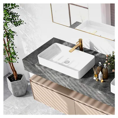 Produktbild von Eckiges Aufsatzwaschbecken aus Keramik in Weiß, Handwaschbecken mit Pop-up-Ablauf, 60 cm breit, Waschschale für Badezimmer und Gäste-WC
