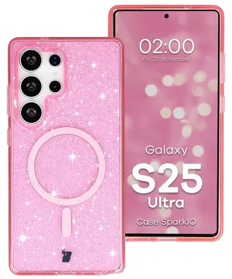 Produktbild von Glitzer Hülle mit Magnetring für Galaxy S25 Ultra, Bizon Case SparklO, Transparent-Rosa mit Glitzer