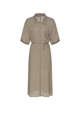 Produktbild von Damen Midi Kleid beige Gr. M mit klassischem Kragen, kurzen Ärmeln und Knopfleiste