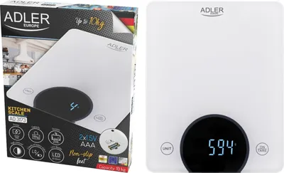 Produktbild von Adler AD 3173W, Elektronische Küchenwaage, 10 kg, 1 g, Weiß, Glas, Integriert