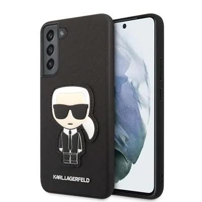 A black phone case with a Karl Lagerfeld Ikonik Karl's Patch design is shown on a white background, with a portion of a smartphone visible.