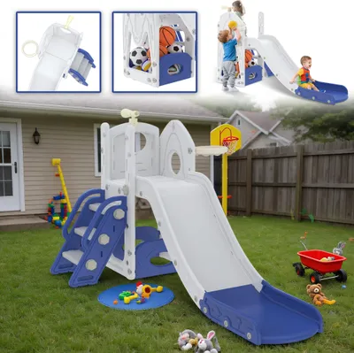 Produktbild von XMTECH 5 in 1 Kinder Rutsche für 1-3 Jahre, Babyrutsche mit Treppe, Basketballkorb und Spielteleskop, Indoor & Outdoor Spielplatz, Kletterleiter, Kleinkind Spielgerät, Gartenrutsche aus Kunststoff