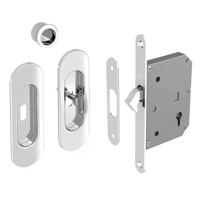 Produktbild von Schiebetürschloss Set, oval, mit Schlüssel, silber verchromt