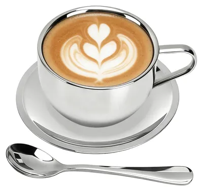 Produktbild von Edelstahl Kaffeetassen Set 180ml Doppelwandig mit Löffel und Untertasse