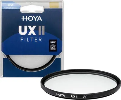 A Hoya UX II UV filter is shown next to its packaging.