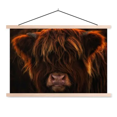 Produktbild von MuchoWow® Textilposter Schottischer Highlander - Kuh - Schwarz - Porträt 60x40 cm mit holzfarbenen Rahmen - Bilder