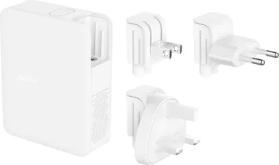 A white Belkin GaN charger with three interchangeable plug adapters.