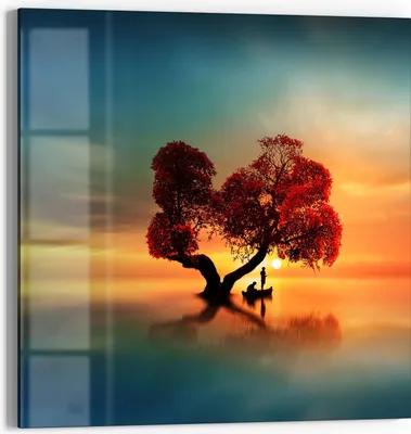 Produktbild von DEQORI Glasbild Echtglas 50x50 cm 'Fischerboot unter Baum' Wandbild Bild modern Deko