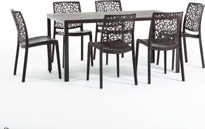 Image de Set de salle à manger d'extérieur avec table rectangulaire 156x78 cm et 6 chaises empilables en résine renforcée de fibres de verre - design moderne imitation bois, idéal pour le jardin, la terrasse et les espaces extérieurs couverts - THOMAS+ANNA - Moka/Moka