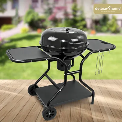 Produktbild von deluxe4home® Kugelgrill Ø55 cm mit Ablagefläche I Rollbarer Grillwagen mit Deckel I BBQ Holzkohlegrill, Grill rund für Holzkohle Barbecue