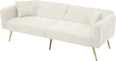 Produktbild von Schlafsofa 175x64cm  Samt Weiß mit Bettfunktion Tagesbett Daybett Verstellbarem Winkel Goldenen Beinen Mit Kissen und seitlichen Aufbewahrungstaschen