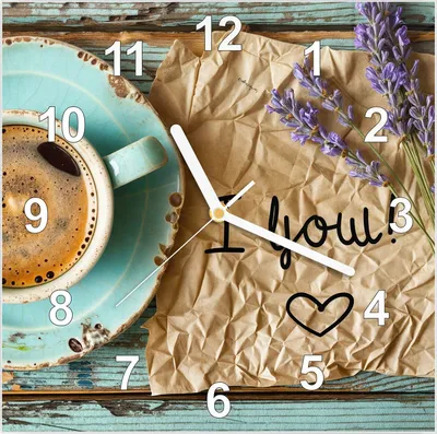 Produktbild von Wanduhr aus Glas mit Motiv Tasse und Lavendel- 30 x 30 cm - inkl. Aufhängesystem