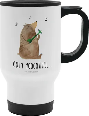 Produktbild von Mr. & Mrs. Panda Thermobecher Bär Gitarre - Weiß - Geschenk, thermosbecher, Isolierbecher, auto becher, To-Go-Becher, To Go, Teddy