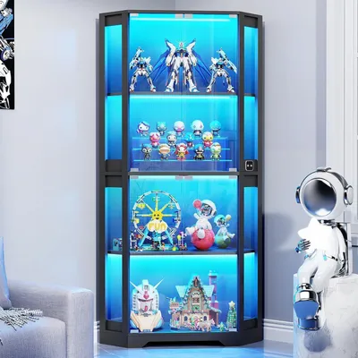 Produktbild von Eckvitrine mit Glastüren 165cm 4 Ebenen LED Beleuchtung Bewegungssensor Schwarz 85x36x165cm