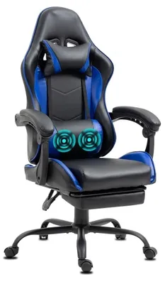 A gaming chair with a footrest and headrest, shown from a three-quarter view against a white background.