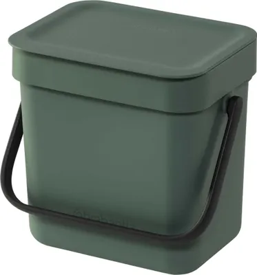A dark green compost bin with a black handle and lid, shown from a three-quarter angle against a white background.