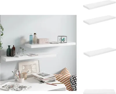 Two white floating shelves mounted on a light gray wall, decorated with various items including bottles, a box, and books. A desk with art supplies and magazines is visible below.