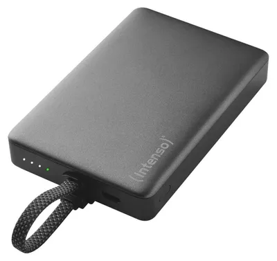 Produktbild von Intenso Powerbank MC10000 mit integriertem USB-C Kabel und magnetischer Rückseite, 10.000 mAh, 20 Watt, 10000 mAh, Lithium Polymer (LiPo), 20 W, Schwarz, Grau