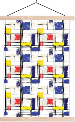 Produktbild von MuchoWow® Textilposter Mondrian - Gelb - Rot - Blau 120x180 cm mit holzfarbenen Rahmen - Textil-Plakat