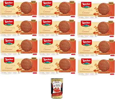 Produktbild von Loacker Tortina Caramel Milchschokoladenkuchen mit Karamellcreme und Waffeln12x63gr (3x21gr)+ Italian Gourmet polpa 400g