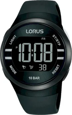 A digital watch with a black strap and black casing, displaying the time and date.