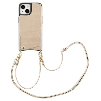 Produktbild von Selencia Nova Croco HandyHülle mit Kordel und Kartenhalter iPhone 15 - Beige