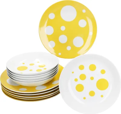 Zdjęcie produktu dla Pula żółte kropki 12szt serwis obiadowy porcelana 6 osób talerz obiadowy talerz do zupy w kropki
