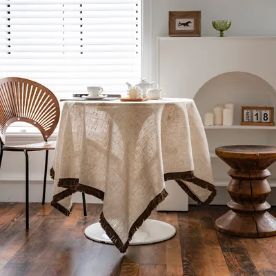 Produktbild von Tischdecke Leinenoptik Beige Bohemien Tischdecken mit Quasten Rechteckig Küchentisch Abdeckung, 140x220cm