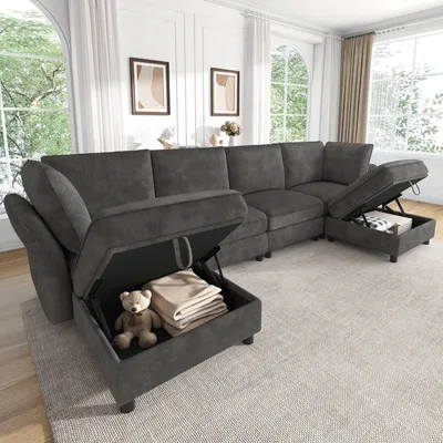 Produktbild von Merax Modulares Sofa, U-Form Ecksofa mit Hocker Stauraum, 6-Sitzer Cloud Soffa Chenille, frei kombinierbar, Armlehnenkissen, Wohnzimmer Sofa, Grau
