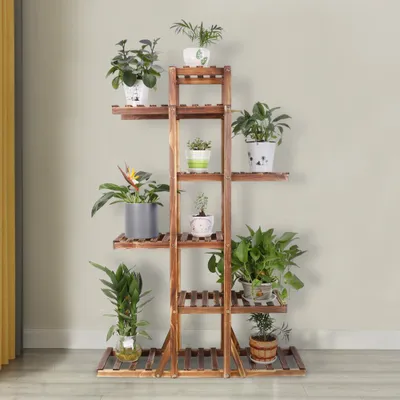 Image de FATIVO Support à fleurs d'extérieur, étagère à fleurs en bois massif 6 niveaux Échelle à fleurs Étagère à fleurs Échelle à plantes à plusieurs niveaux, 90 x 131 x 25 cm