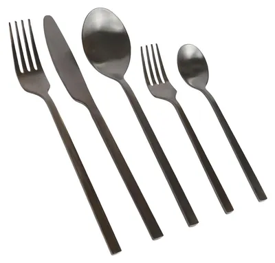 A set of black stainless steel cutlery arranged diagonally on a white background.