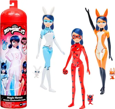 A collection of Miraculous Ladybug dolls and a toy packaging.