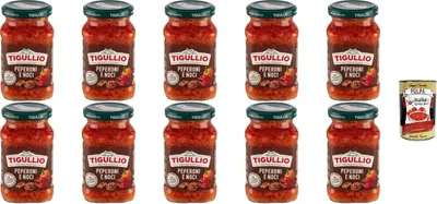 Produktbild von Tigullio GranPesto Peperoni e Noci, rote Paprika und Walnusssauce, 190 g, 10 Stück, glutenfrei, + Italian Gourmet polpa 400g