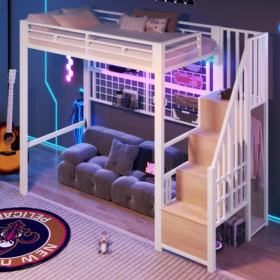 Obrázek produktu pro okwish vyvýšená postel 90x200 funkční postel se 7barevným LED osvětlením postel pro mládež se schůdky s úložným prostorem a závěsnou mřížkou dvoulůžko s kovovým rámem integrovaná skříň bílá (bez matrace)