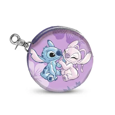 A round coin purse featuring cartoon characters Stitch and Angel from Lilo & Stitch, set against a purple floral background.