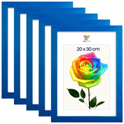 Produktbild von MG Design 5er Set Bilderrahmen 20 x 30 cm - Fotorahmen mit Blau Echtholzrahmen und bruchsicherem Acrylglas, Hoch & Quer zum Aufhängen, zum Aufstellen